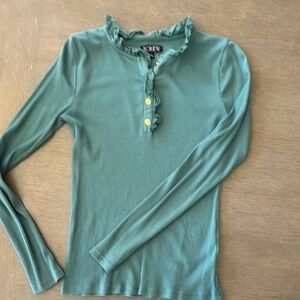 Teal Ruffle Button Long Sleeve Top